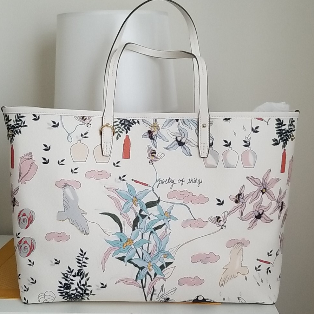 Tory Burch White Floral & Pastel Printed Leather Tote